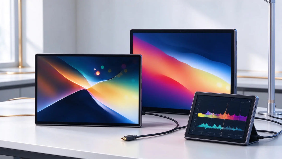 Banner mit tragbaren Mini-HDMI-Monitoren, heller minimalistische Arbeitsplatz